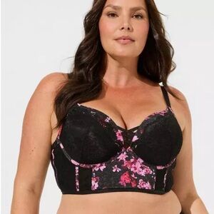 Torrid Black and Pink Floral Longline Bra with Lace Trim NWOT